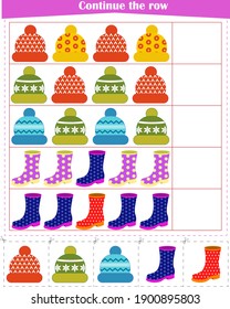 Logic game for children. Continue with a row of hats and boots