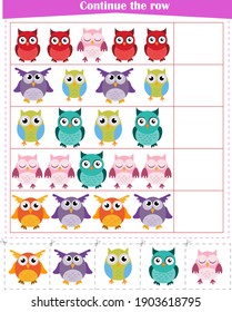 Logic game for children. Continue a row of owls Worksheet