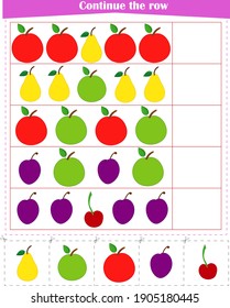 Logic game for children. Continue the row of fruits. Worksheet