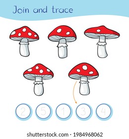 Logic game for children. Count, join, and write. Stock Illustration Five fly agaric mushrooms with different number of white spots