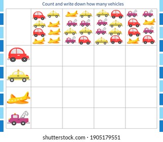 Logic game for children. Count and record the number of vehicles
