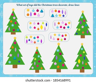 Logic game for children. Development of attention, thinking. Find what set of toys you have decorated the Christmas tree