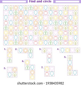 Logic game for children. Development of attention, thinking. Find and circle the fragments shown below