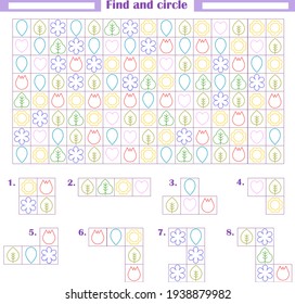 Logic game for children. Development of attention, thinking. Find and circle the fragments shown below