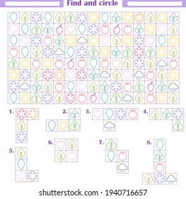 Logic game for children. Development of attention, thinking. Find and circle the fragments shown below