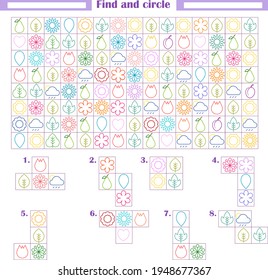  
Logic game for children. Development of attention, thinking. Find and circle the fragments shown below