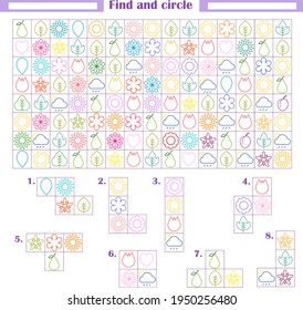  Logic game for children. Development of attention, thinking. Find and circle the fragments shown below