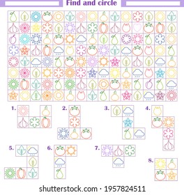 Logic game for children. Development of attention, thinking. Find and circle the fragments shown below