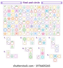 Logic game for children. Development of attention, thinking. Find and circle the fragments shown below