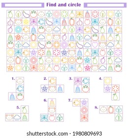 Logic game for children. Development of attention, thinking. Find and circle the fragments shown below
