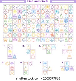 Logic game for children. Development of attention, thinking. Find and circle the fragments shown below