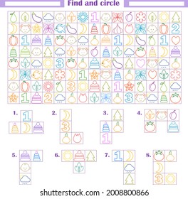 Logic game for children. Development of attention, thinking. Find and circle the fragments shown below