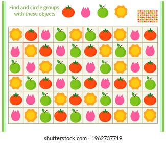 Logic game for children. Divide and circle the groups with the objects shown at the top