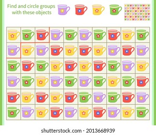 Logic game for children. Divide and circle the groups with the objects shown at the top
