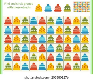 Logic game for children. Divide and circle the groups with the objects shown at the top