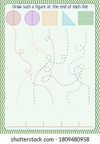  a logic game for children, draw along the line and draw the same figure at the end of each line
