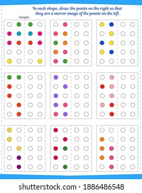 Logic game for children. In each shape, color the dots on the right so that they are a mirror image of the dots on the left