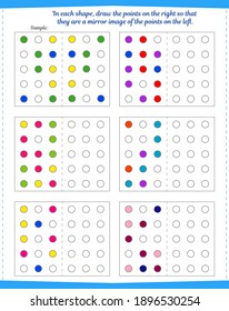 Logic game for children. In each shape, color the dots on the right so that they are a mirror image of the dots on the left