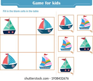 Logic game for children. Fill in the blank cells in the table so that in each row and column the element appears only once