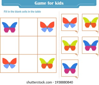 Logic game for children. Fill in the blank cells in the table so that in each row and column the element appears only once