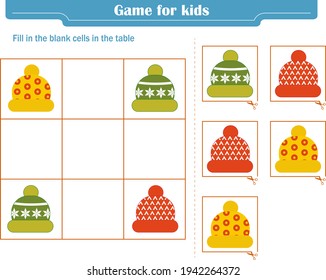 Logic game for children. Fill in the blank cells in the table so that in each row and column the element appears only once