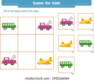  Logic game for children. Fill in the blank cells in the table so that in each row and column the element appears only once