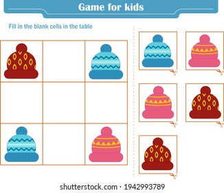 Logic game for children. Fill in the blank cells in the table so that in each row and column the element appears only once