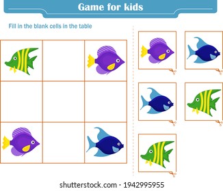 Logic game for children. Fill in the blank cells in the table so that in each row and column the element appears only once