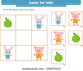 Logic game for children. Fill in the blank cells in the table so that in each row and column the element appears only once