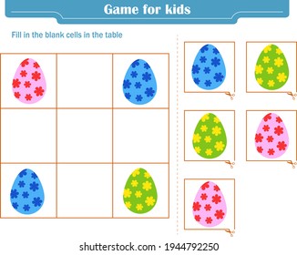 Logic game for children. Fill in the blank cells in the table so that in each row and column the element appears only once