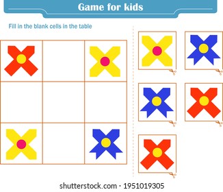 Logic game for children. Fill in the blank cells in the table so that in each row and column the element appears only once