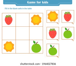 Logic game for children. Fill in the blank cells in the table so that in each row and column the element appears only once