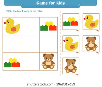 Logic game for children. Fill in the blank cells in the table so that in each row and column the element appears only once