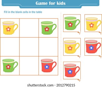 Logic game for children. Fill in the blank cells in the table so that in each row and column the element appears only once