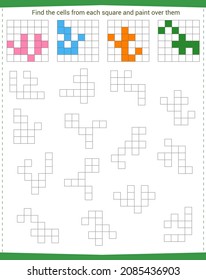Logic game for children. Find the cells from each square and paint them in the same color