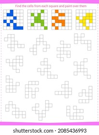 Logic game for children. Find the cells from each square and paint them in the same color