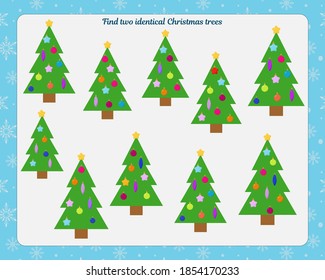 Logic game for children. Find Christmas trees with the same set of toys