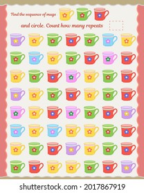Logic game for children. Find a combination of mugs presented in the sample, circle them, count