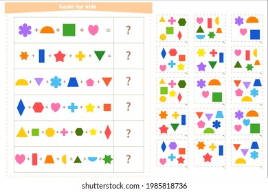 Logic game for children. Find the correct answer card for each example. Development of attention, memory, thinking