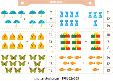 Logic game for children. Find the correct answer card for each example. Development of attention, memory, thinking