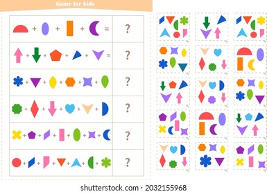 Logic game for children. Find the correct answer card for each example. Development of attention, memory, thinking