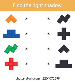 Logic game for children. Find the correct shadow. Blocks. The development of mindfulness in preschool children. Printable sheet
