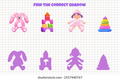 Logic game for children find correct shadow with cute toy doll and plush bunny