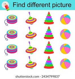 Logic game for children. Find different picture. Vector illustration of the ball, spinning top, pyramid, yo-yo. 