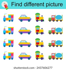 Logic game for children. Find different picture. Vector illustration of transports. 