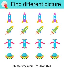 Logic game for children. Find different picture. Cartoon Rocket ship, airplane, Flying saucer