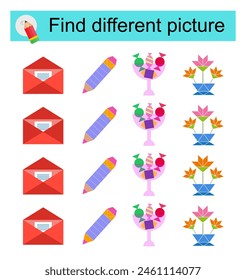 Logic game for children. Find different picture. Vector illustration of the letter envelope, candy bowl, pencil, flowers