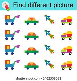 Logic game for children. Find different picture. Vector illustration of the truck, car, plane