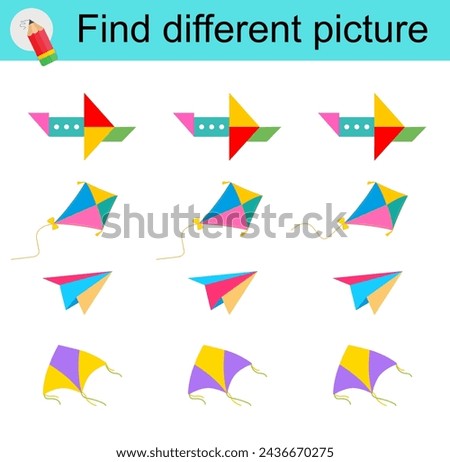 Logic game for children. Find different picture. Vector illustration. Cartoon kite, airplane, paper plane