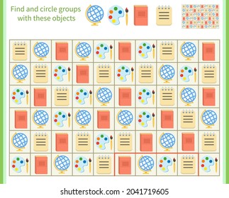 Logic game for children. Find and divide these objects into groups